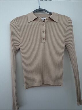 Topshop Beige Ribbed Polo Button-Up Long Sleeve Top